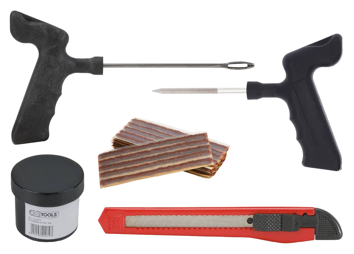 Kit de réparation de pneus comprenant deux outils pour réparer les pneus, plusieurs bandes adhésives et un coupe-boîte rouge.