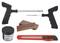 Kit de réparation de pneus comprenant deux outils pour réparer les pneus, plusieurs bandes adhésives et un coupe-boîte rouge.