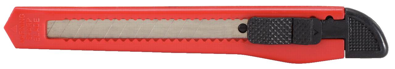 Un cutter rouge avec manche noir et lame métallique rétractable.