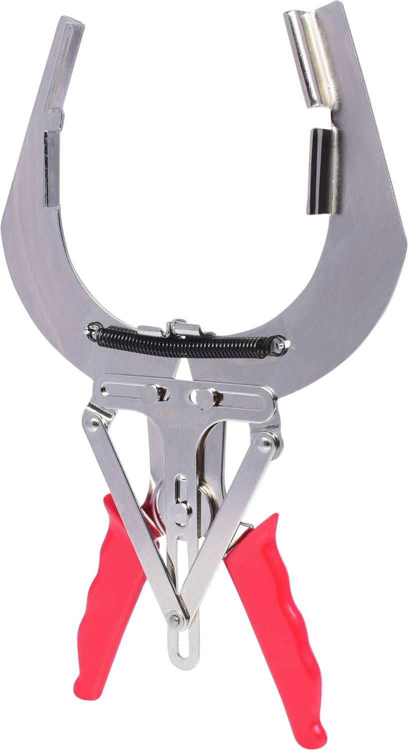 Un collier de serrage rouge et argenté avec des poignées, utilisé pour fixer des tuyaux ou des conduites.