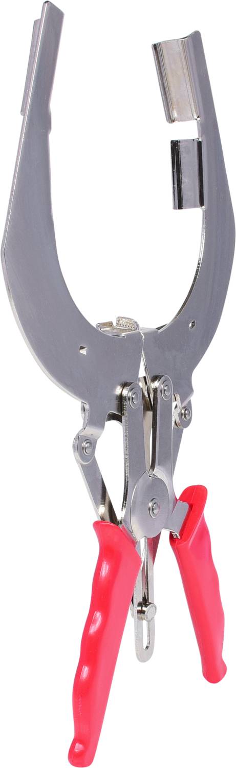 Une pince métallique avec des poignées en caoutchouc rouge, ouverte et vue de face. Elle est probablement utilisée pour des travaux techniques spécifiques.