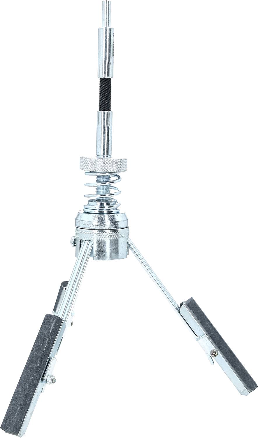 Trépied métallique à trois pieds stables et tube central télescopique, adapté aux caméras légères ou aux microphones.