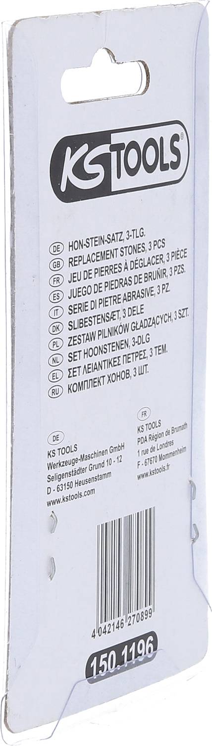 Emballage d'un ensemble de pierres de rechange KS Tools en 3 parties. Contient des pierres de rechange. Texte en plusieurs langues.