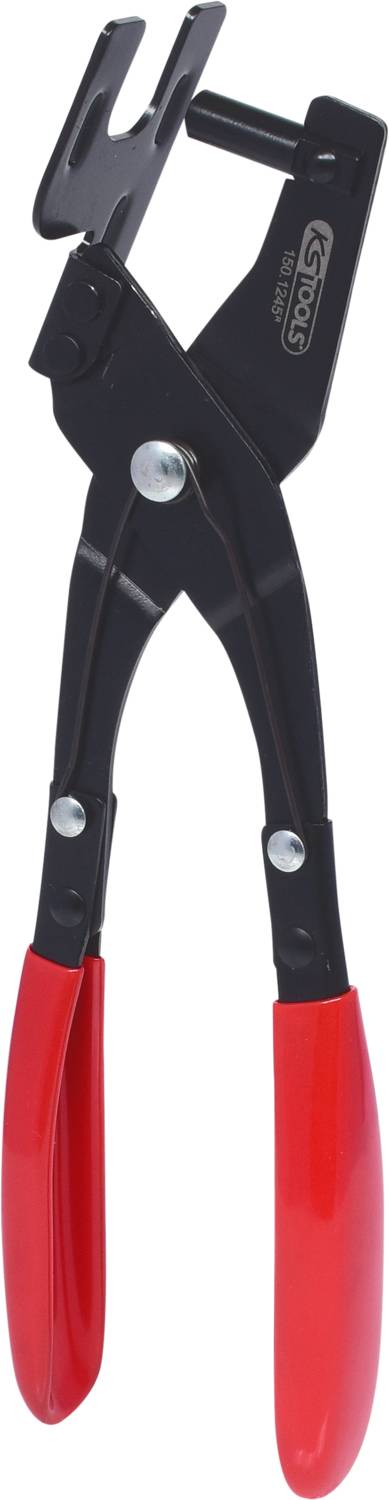 Pince à poignées rouges et tête plate noire, adaptée pour saisir et maintenir des pièces métalliques.