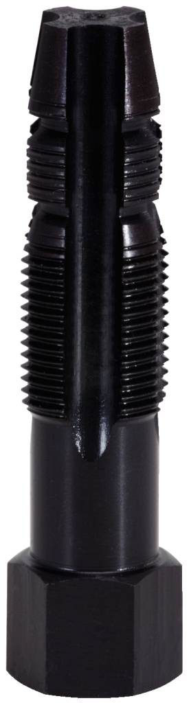 Un taraud noir de forme cylindrique avec une tige rainurée.