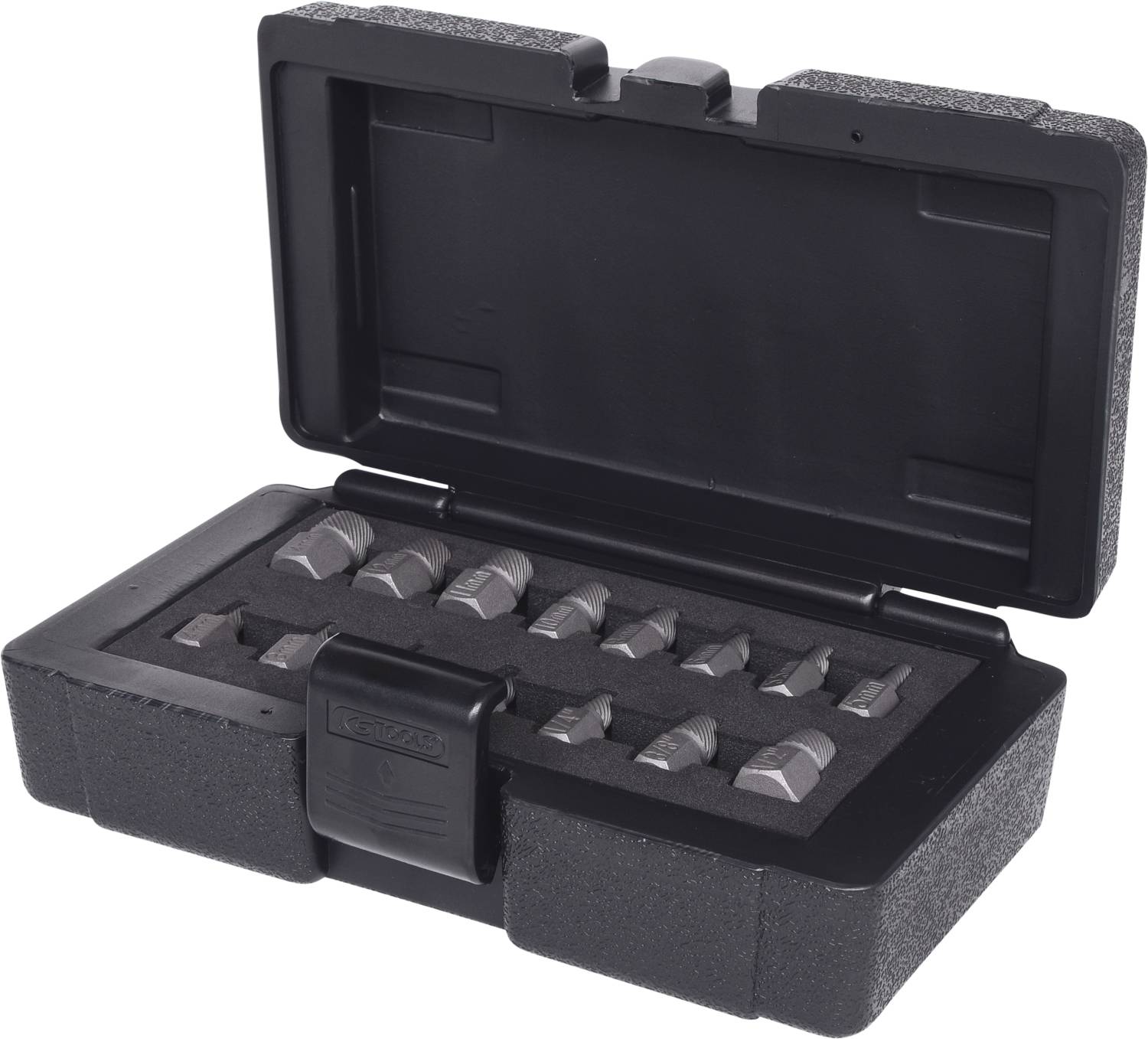 Boîte à outils noire avec couvercle ouvert, présentant seize forets alignés en rangées bien ordonnées.