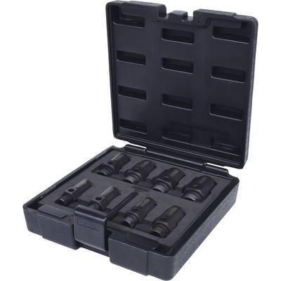 Un coffret ouvert en plastique noir contenant huit douilles de différentes tailles, soigneusement rangées dans leurs compartiments prévus.
