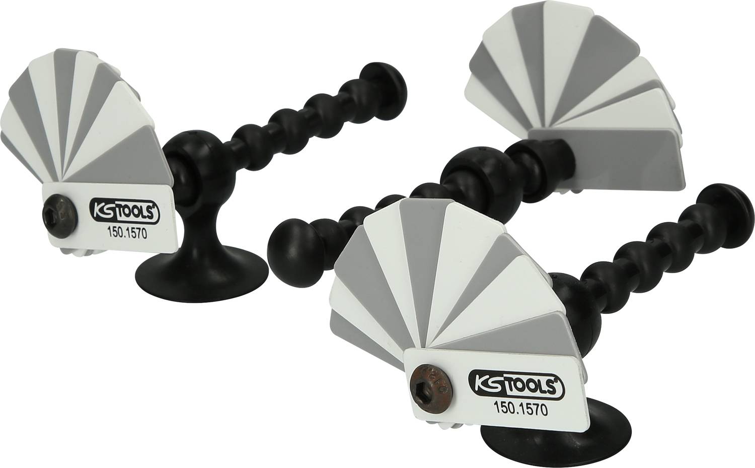 Deux supports d'outils KS avec bras flexibles et ailettes pivotantes gris-blanc pour la fixation de pièces.
