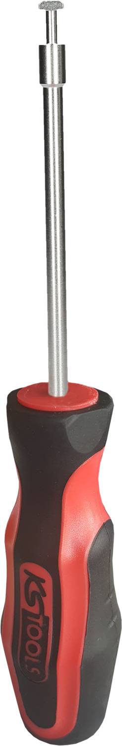 Un tournevis à tête hexagonale rouge et noir avec embout magnétique pour faciliter le vissage des vis.