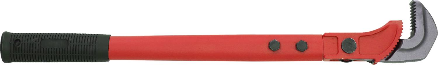 Pince à tube avec poignée rouge et détails noirs, conçue pour les travaux de plomberie.
