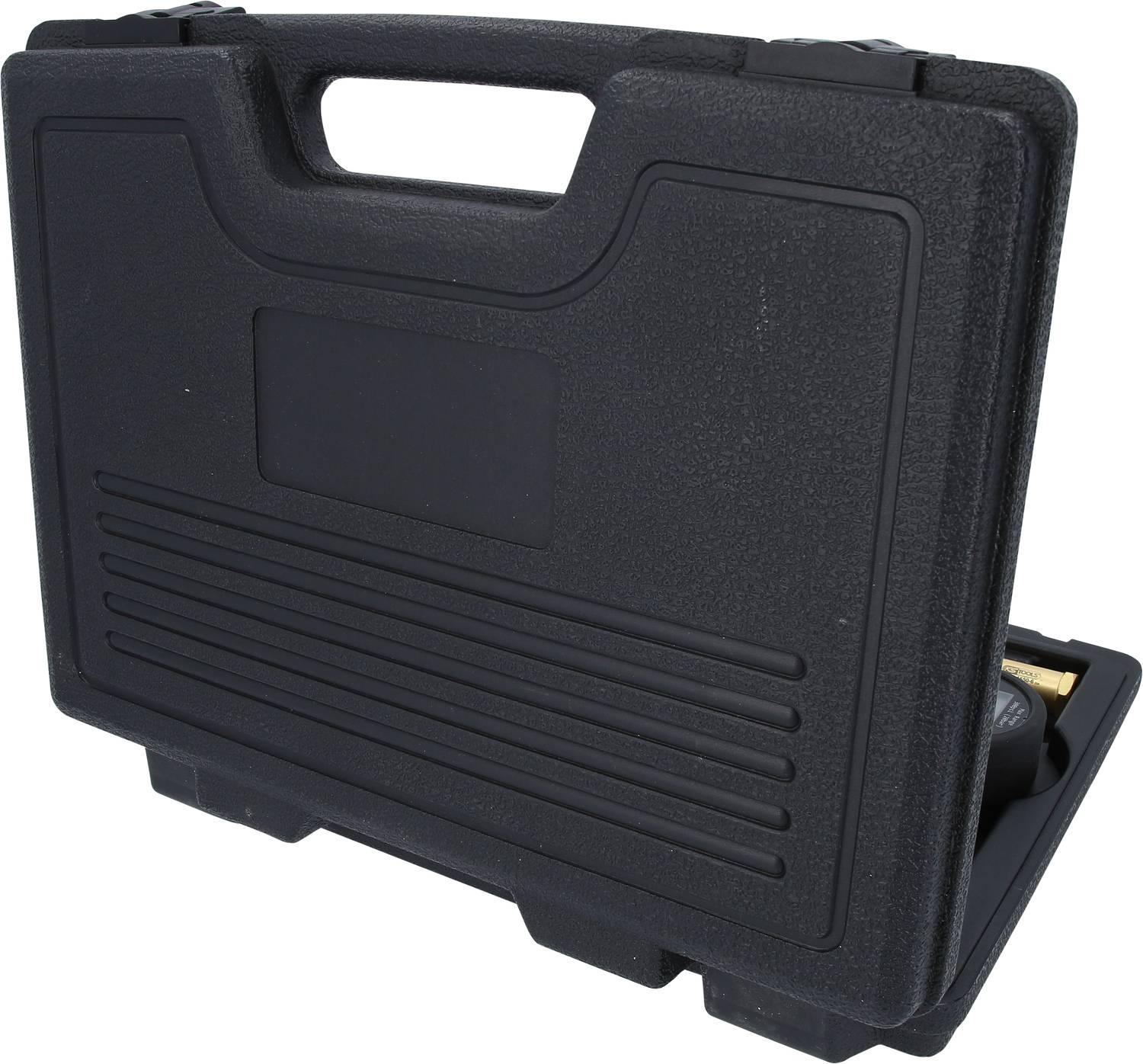 Valise noire en plastique avec poignée, légèrement ouverte.