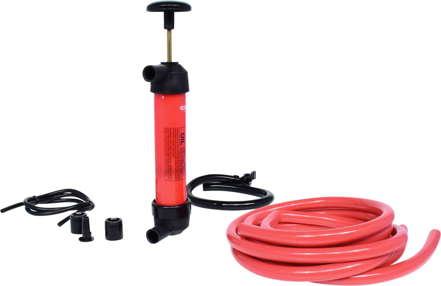 Pompe manuelle rouge avec tuyau et adaptateur de valve, adaptée pour pomper des liquides. Idéale pour une utilisation en atelier.