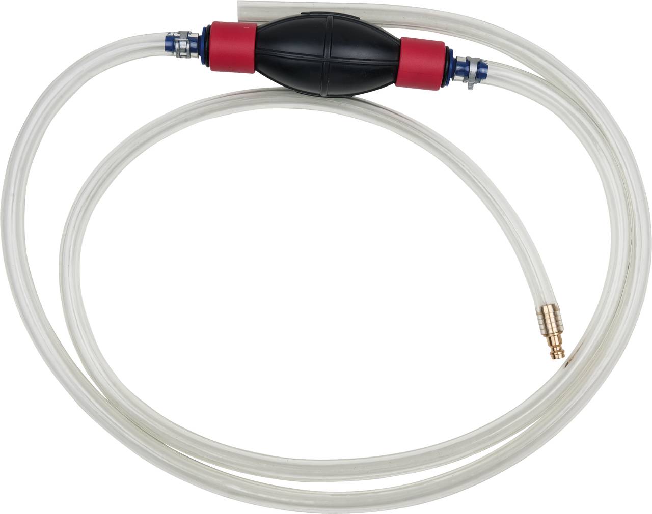 Un tuyau transparent muni d'un ballon de pompage et de raccords, probablement destiné au transfert de liquides comme le carburant ou l'eau.