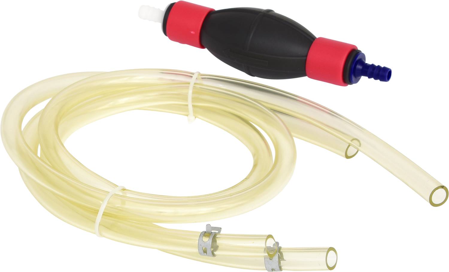 Un siphon manuel avec un poire de pompage noire et deux tubes transparents.