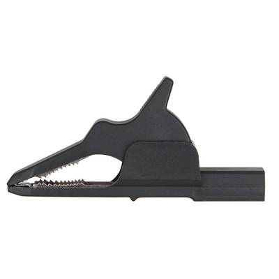 Une pince crocodile noire, fermée, montre ses dents dentelées et sa poignée en plastique. Utilisée pour les connexions électriques.