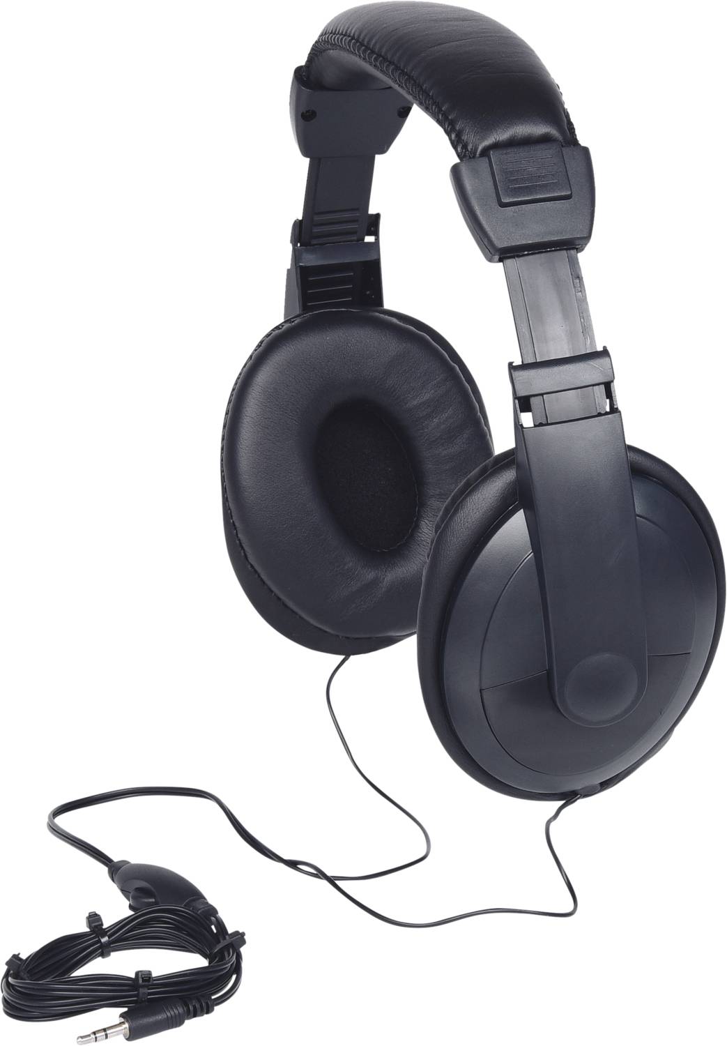 Un casque noir circum-auriculaire avec un câble posé au premier plan, sur un fond blanc.