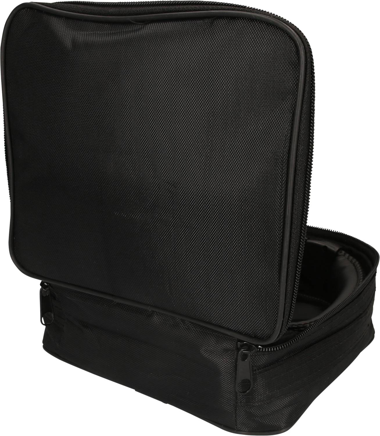 Sac à main noir ouvert avec deux compartiments principaux, dont un vertical avec fermeture à glissière, adapté au rangement.