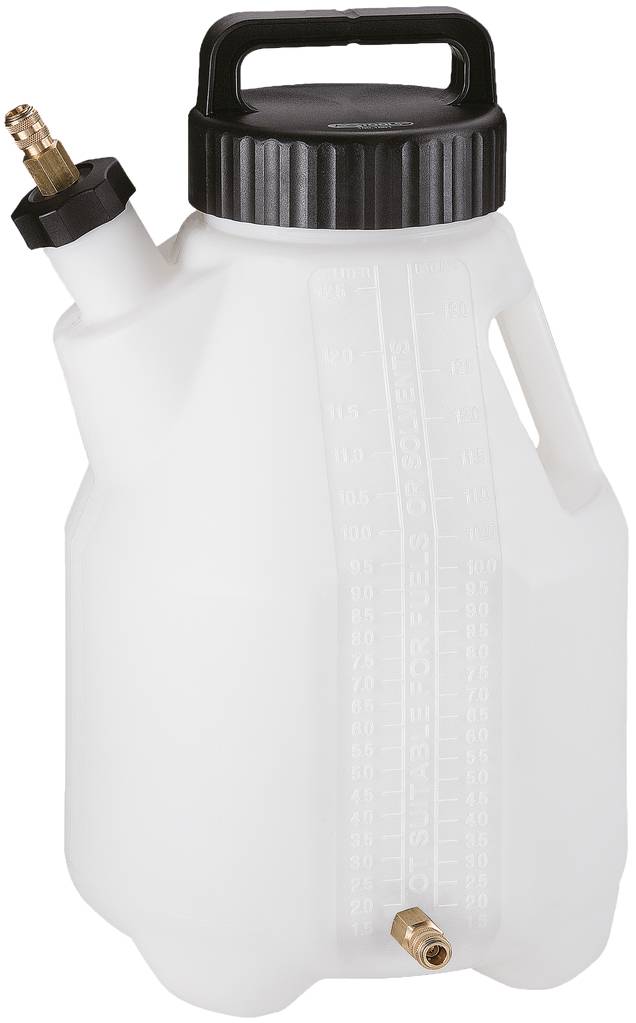 Un récipient en plastique blanc avec un couvercle et une poignée noirs, équipé de deux raccords. Une échelle verticale indique la capacité de mesure.