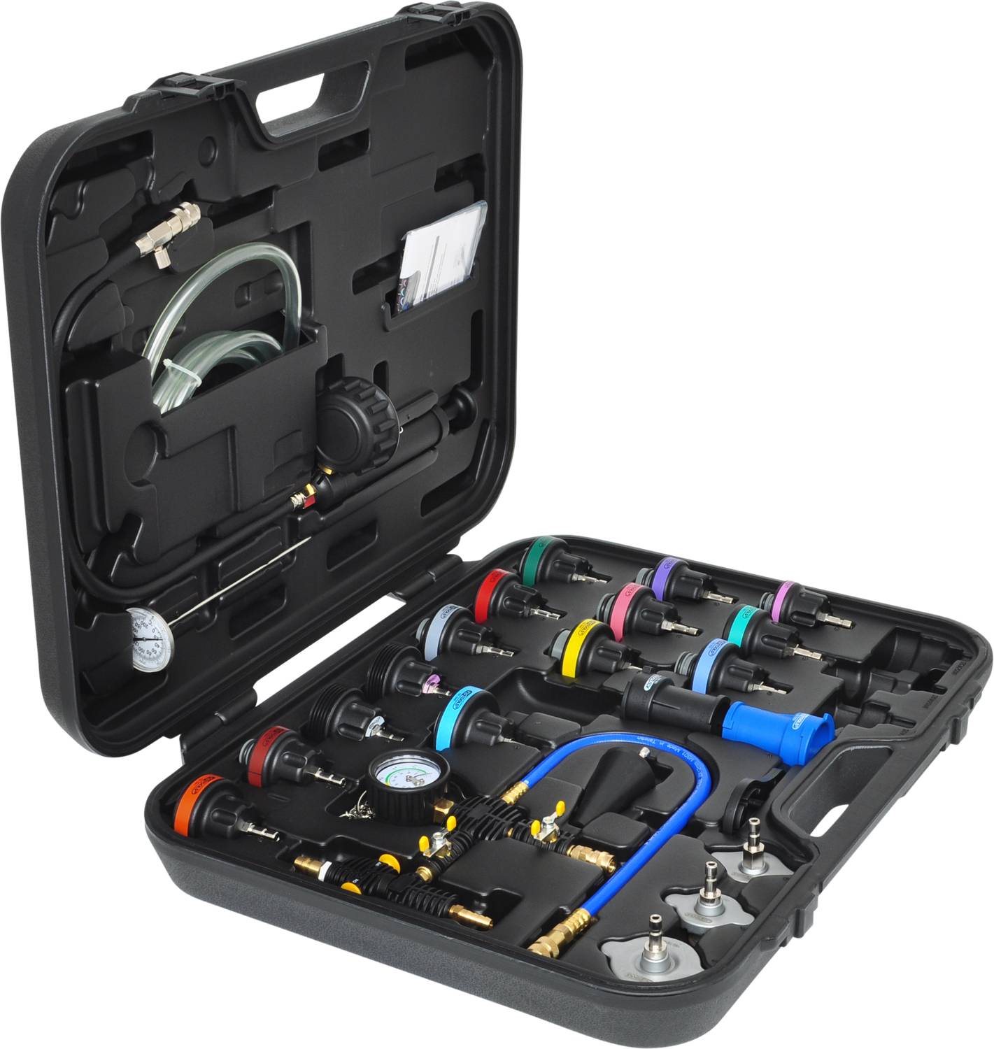 Boîte à outils ouverte contenant plusieurs adaptateurs colorés et un appareil de mesure, utilisée pour le contrôle de pression des systèmes de refroidissement dans les véhicules.