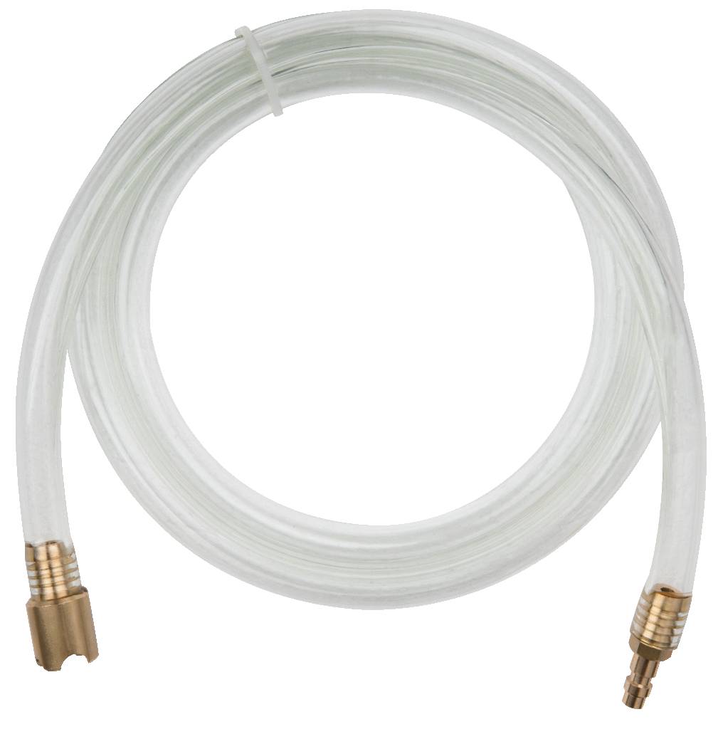 Tuyau en plastique transparent avec raccords en laiton aux deux extrémités.