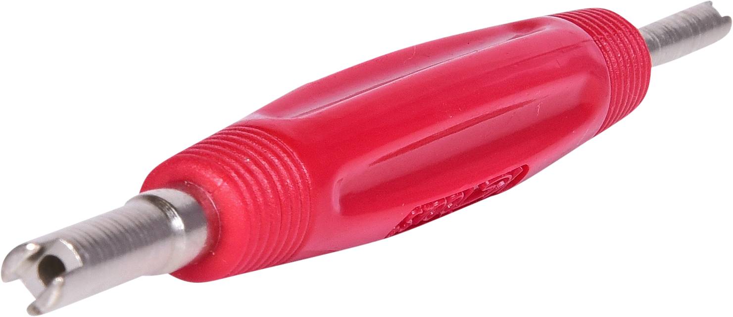Un outil fabriqué en rouge avec une poignée striée et deux pointes métalliques à chaque extrémité, probablement un outil de ébavurage ou de réparation.