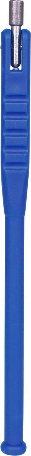 Poignée bleue en plastique d'un outil avec un embout en métal à son extrémité, probablement un tournevis ou un outil similaire.