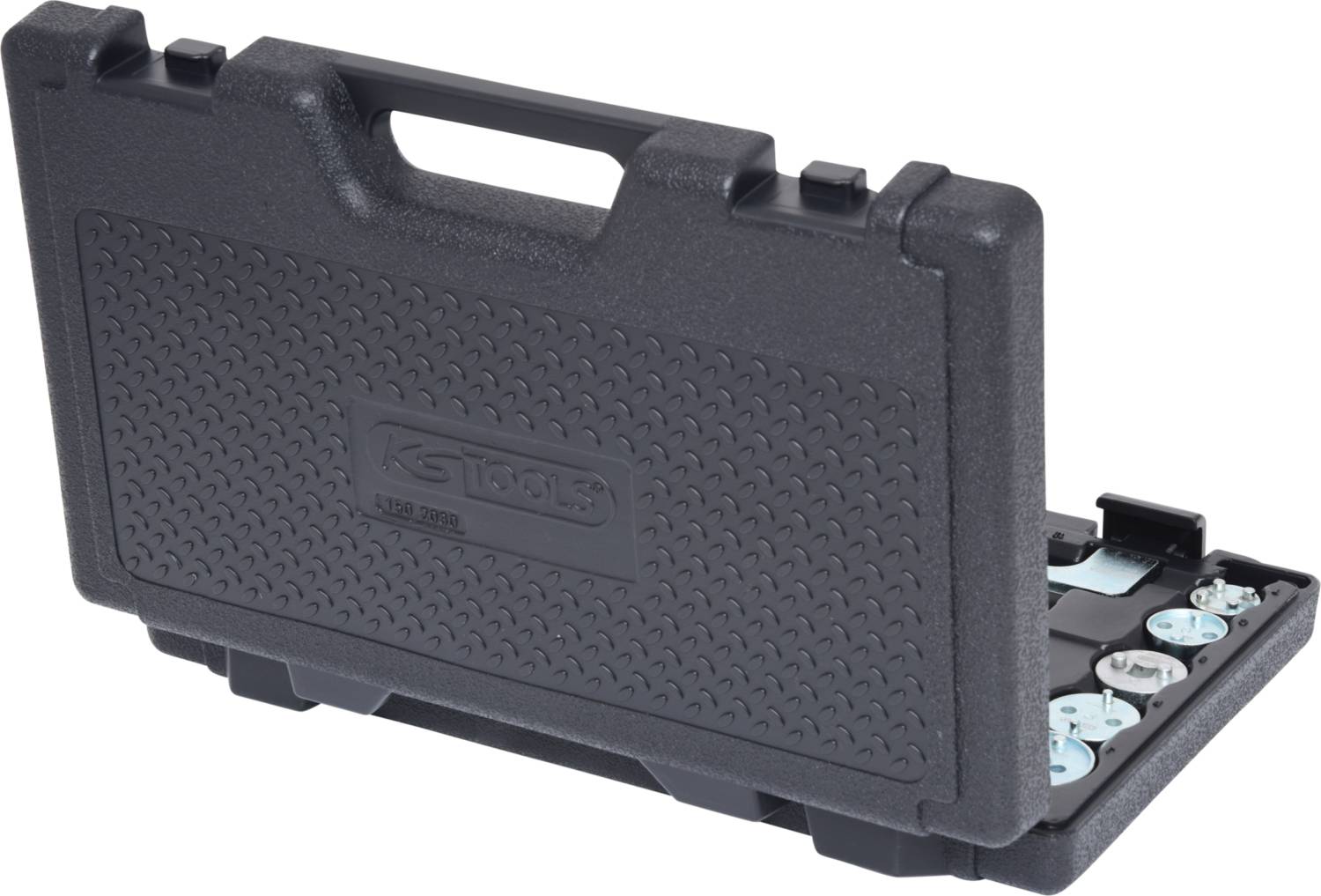 Coffret à outils noir avec le couvercle ouvert, montrant différentes clés à ergots rangées dans des supports spécialisés.