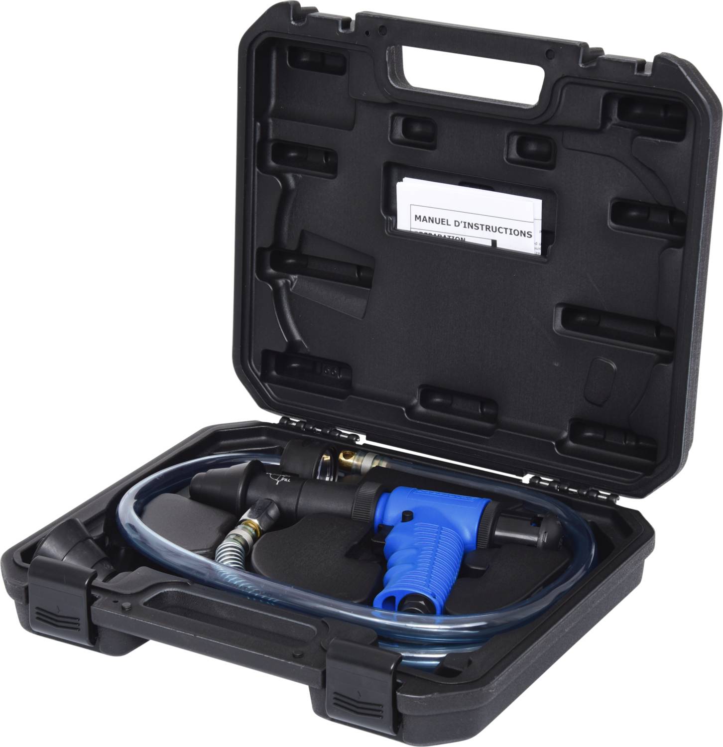 Valise en plastique contenant un outil pneumatique bleu et un tuyau transparent, avec mode d'emploi inclus.