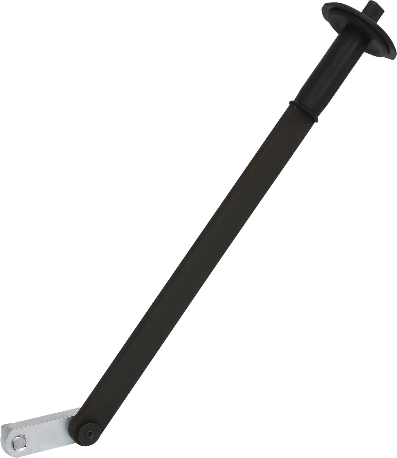 Un long bras métallique sombre avec un support mobile à une extrémité ; probablement une partie d'un mécanisme de machine ou de meuble.