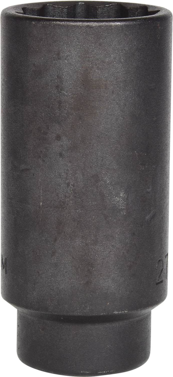 Une douille hexagonale sombre, de forme cylindrique, en métal. Outil typique, utilisé pour fixer ou desserrer des vis.