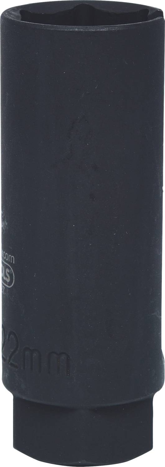 Une noix hexagonale noire en métal portant la gravure '22 mm', utilisée pour les travaux de vissage.