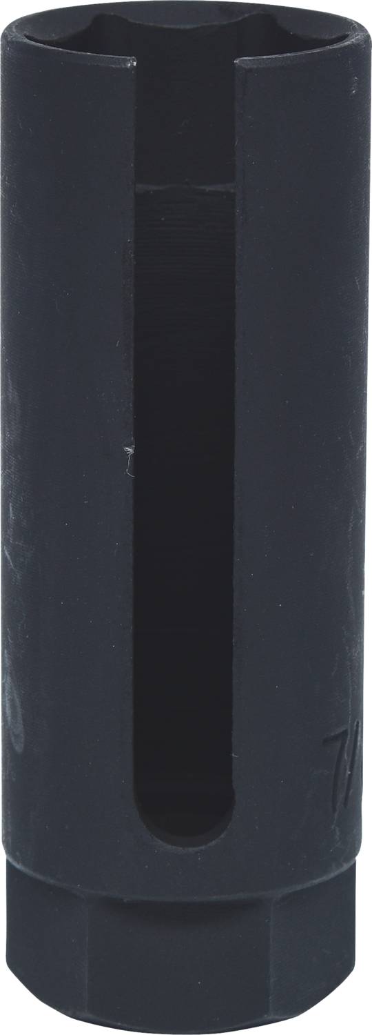 Un outil noir avec une longue fente verticale au centre, probablement un support ou un adaptateur spécial.