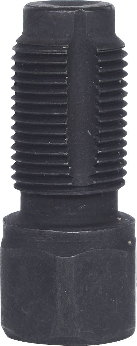 Pièce mécanique noire avec une partie centrale cylindrique nervurée et des extrémités chanfreinées. Pourrait être utilisée pour des connexions ou des fixations.