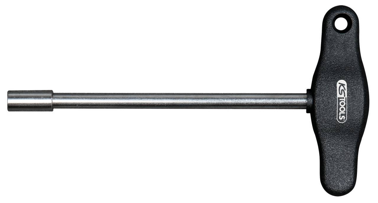 Une clé à fourche avec poignée en T, à manche noir et tige argentée, adaptée aux vis à tête hexagonale.
