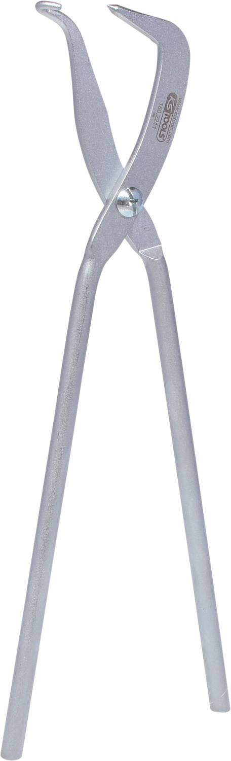 Une longue pince en métal argenté avec des bras recourbés, utilisée pour tenir ou saisir des objets.