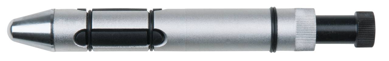 Foret métallique avec manche cylindrique et tête de forage brillante, aligné horizontalement.