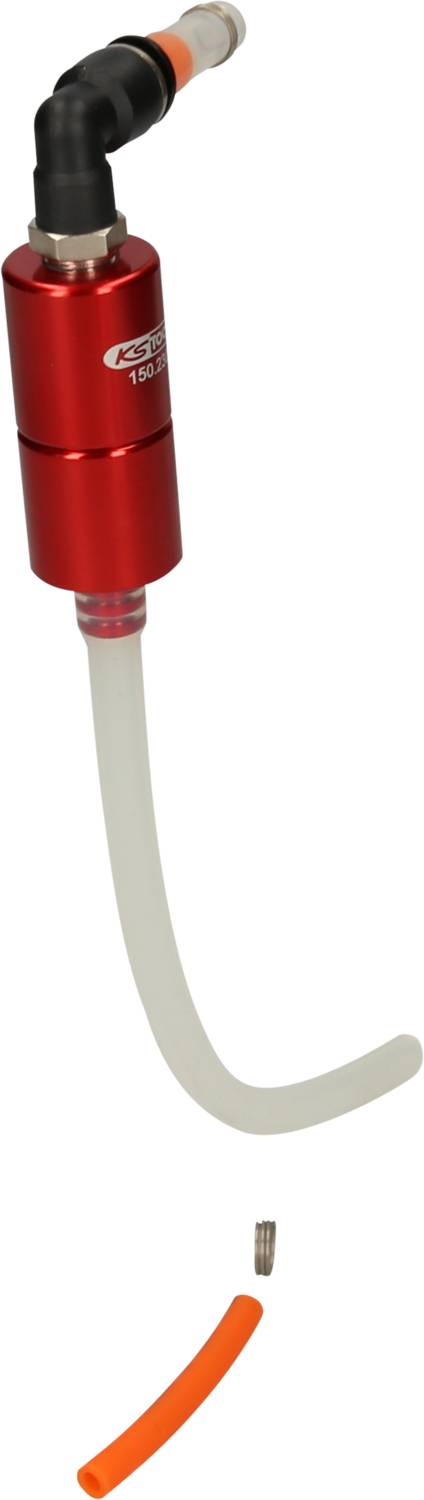 Une soupape de ventilation pour motocyclette rouge avec un long tuyau de raccordement et un embout noir, à côté d'un petit cylindre métallique et un petit tube orange.