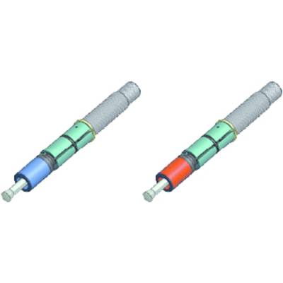 Deux dessins techniques d'amortisseurs, à gauche avec un marquage bleu et à droite avec un marquage rouge. Des ondes sont entourées de ressorts.