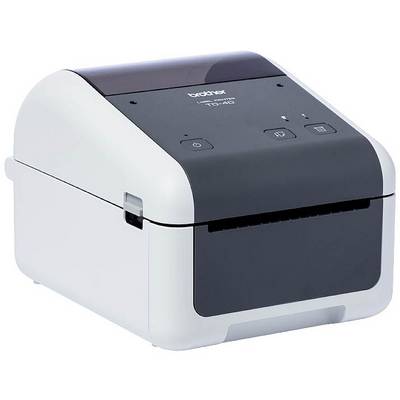 Une imprimante d'étiquettes compacte, grise, avec un logo de marque sur le dessus. Adaptée pour l'impression d'étiquettes dans un bureau.