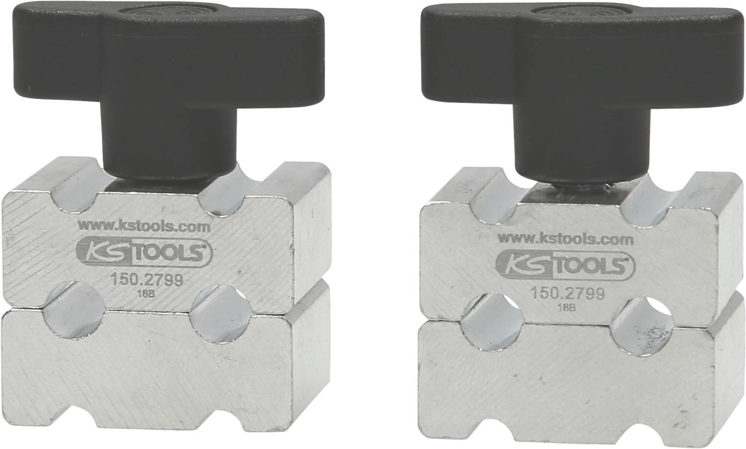Deux pinces argentées à poignée noire pivotante de KS Tools, numéro de modèle 150.2799, disposées côte à côte.