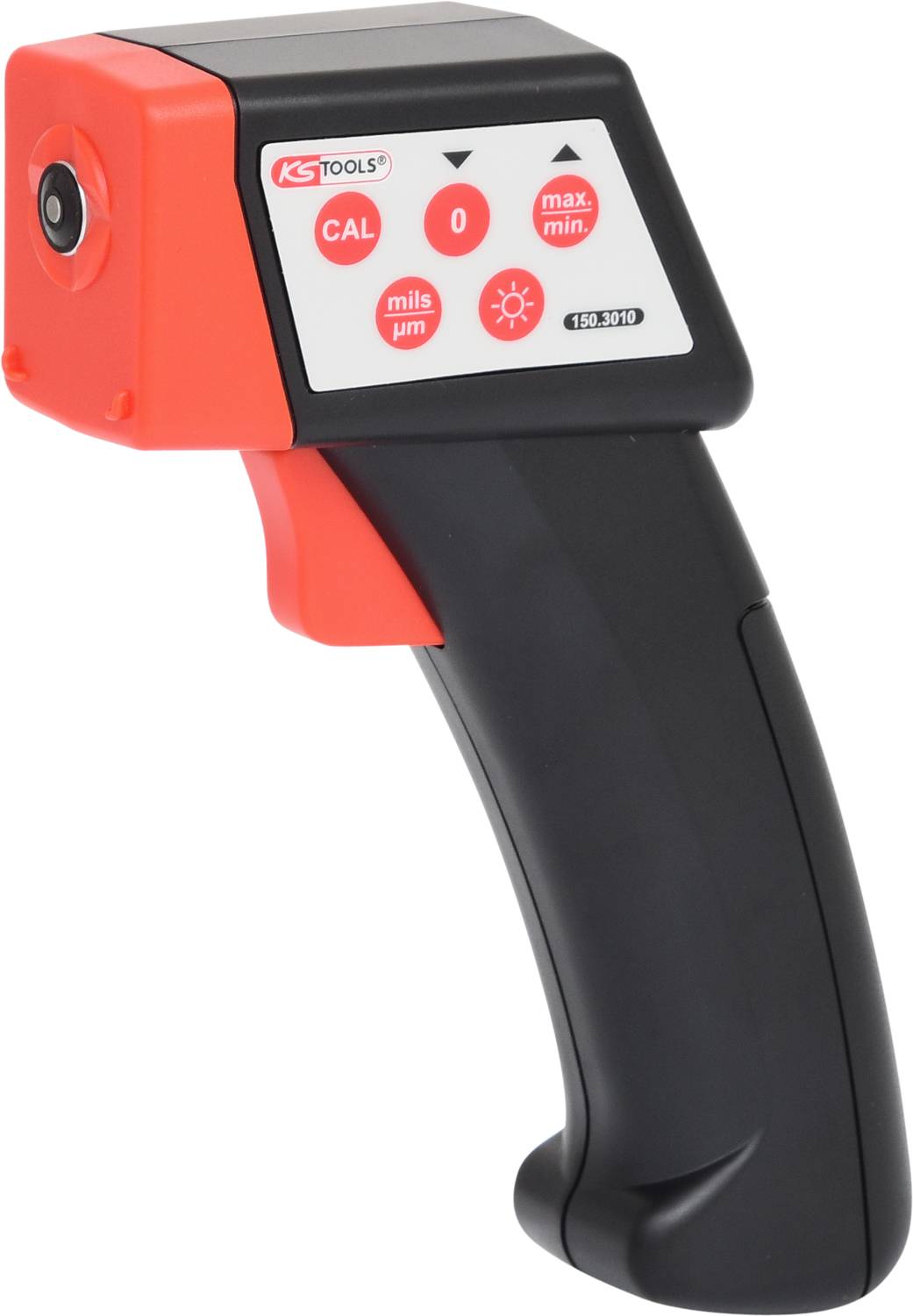 Un thermomètre infrarouge rouge et noir avec affichage et commandes sur l'avant.