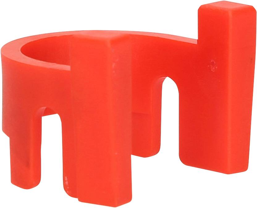 Anneau en plastique rouge avec trois barres verticales formant un dispositif de serrage ou de support.