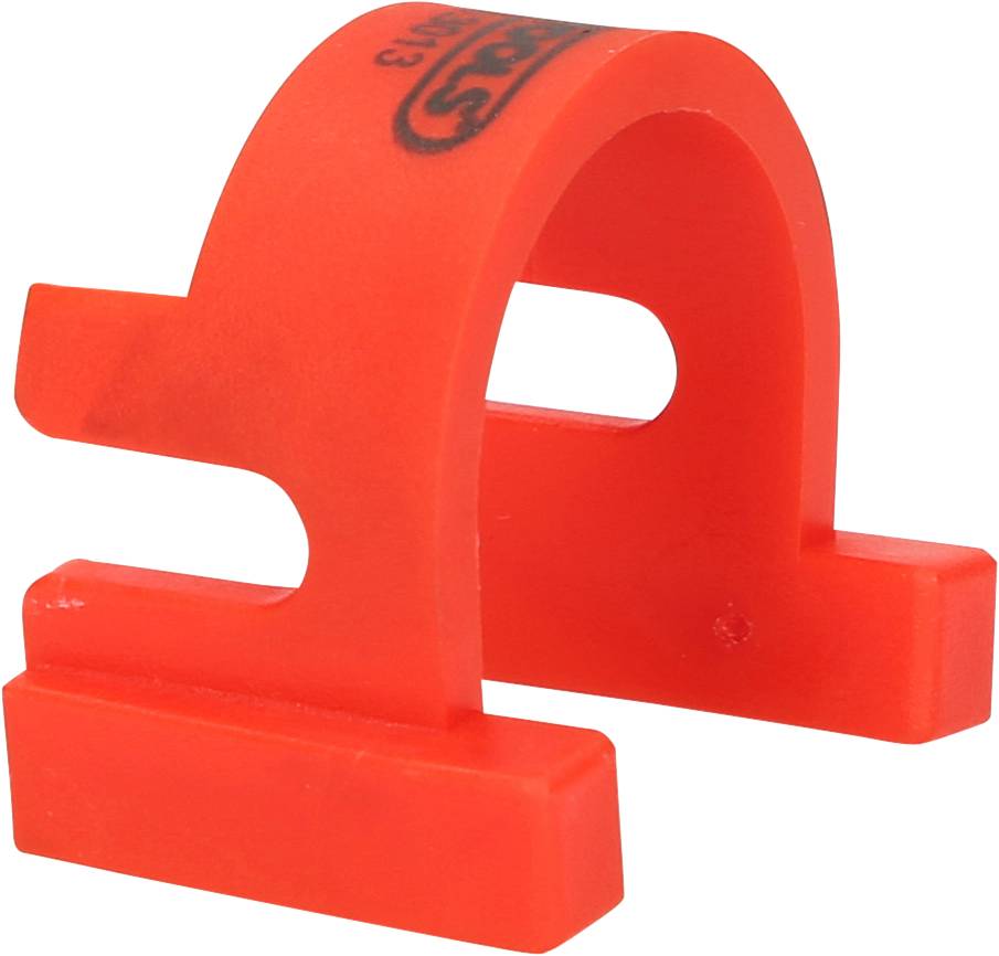 Une pièce en plastique rouge à forme incurvée et larges surfaces de support, probablement un clip ou un support.