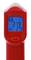 Thermomètre infrarouge rouge avec affichage bleu indiquant 27,9 °C. Fonctions : Maintien, Éclairage, Commutation °C/°F.