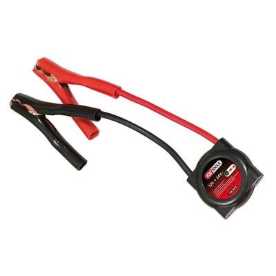 Testeur de batterie 12V avec deux câbles : un rouge et un noir, équipé de pinces pour batteries de voiture.