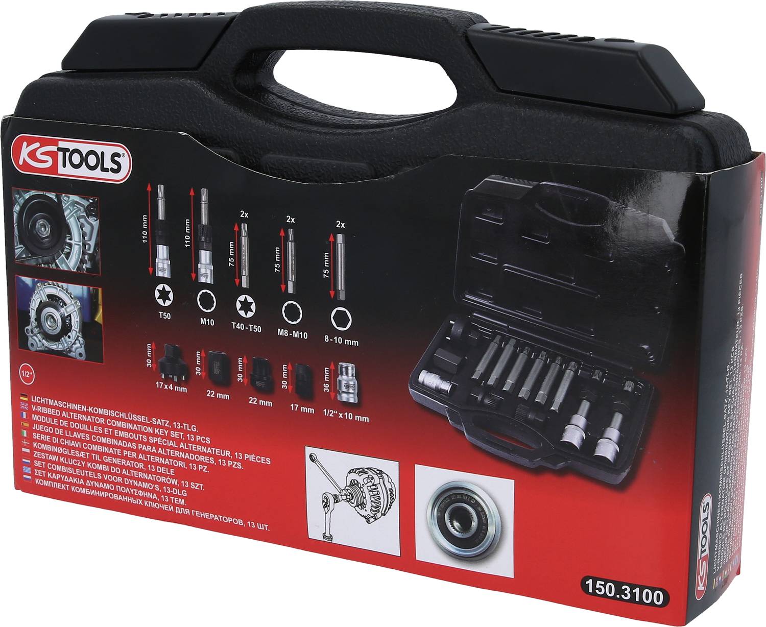 Boîte à outils noire avec logo 'KS TOOLS' et illustrations de douilles et d'embouts sur l'emballage. Contient 17 pièces.