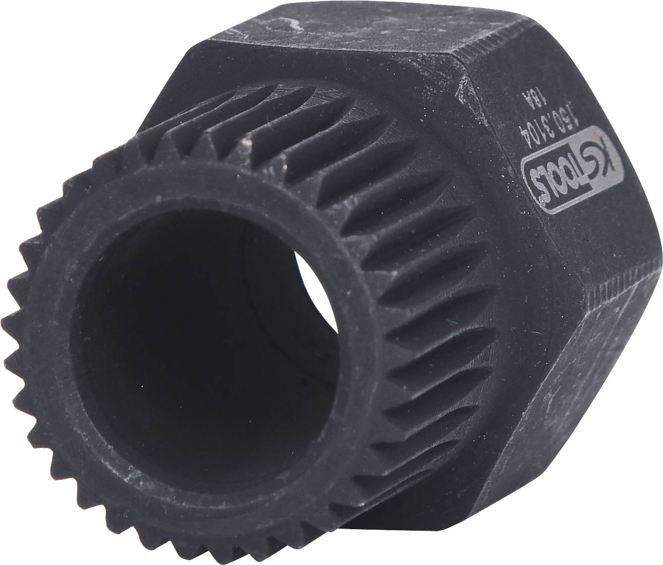 Un outil noir denté portant l'inscription 'KS Tools' sur le côté, probablement une clé à douille ou un adaptateur.