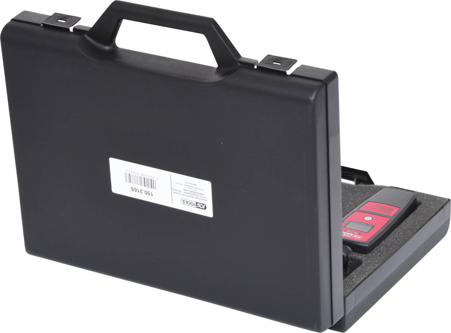 Mallette à outils noire avec un appareil de mesure laser rouge dans un insert en mousse.