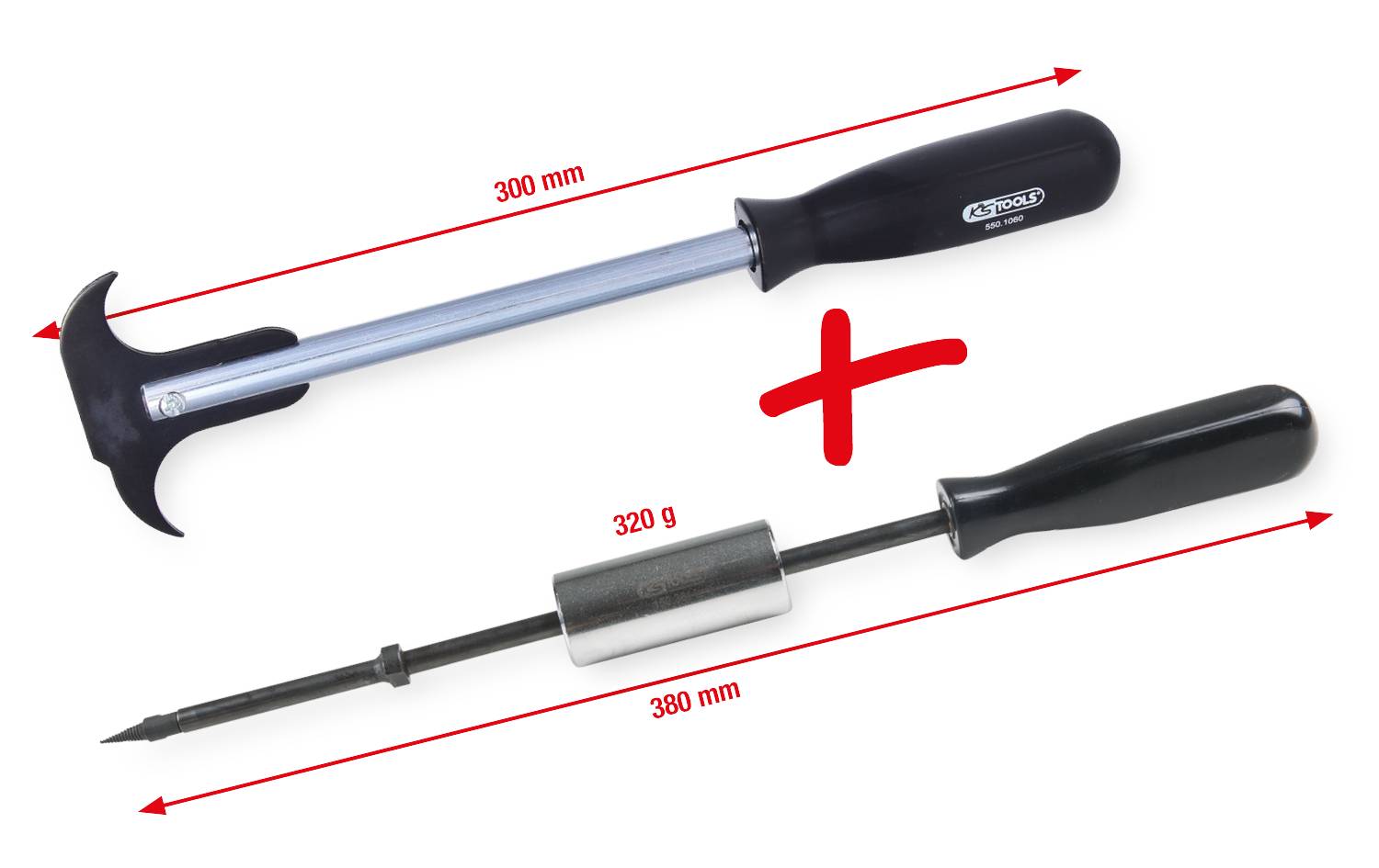 Une image montrant deux outils : un marteau coulissant et un crochet de traction. Un signe plus rouge est placé entre eux. Les dimensions et le poids sont indiqués.