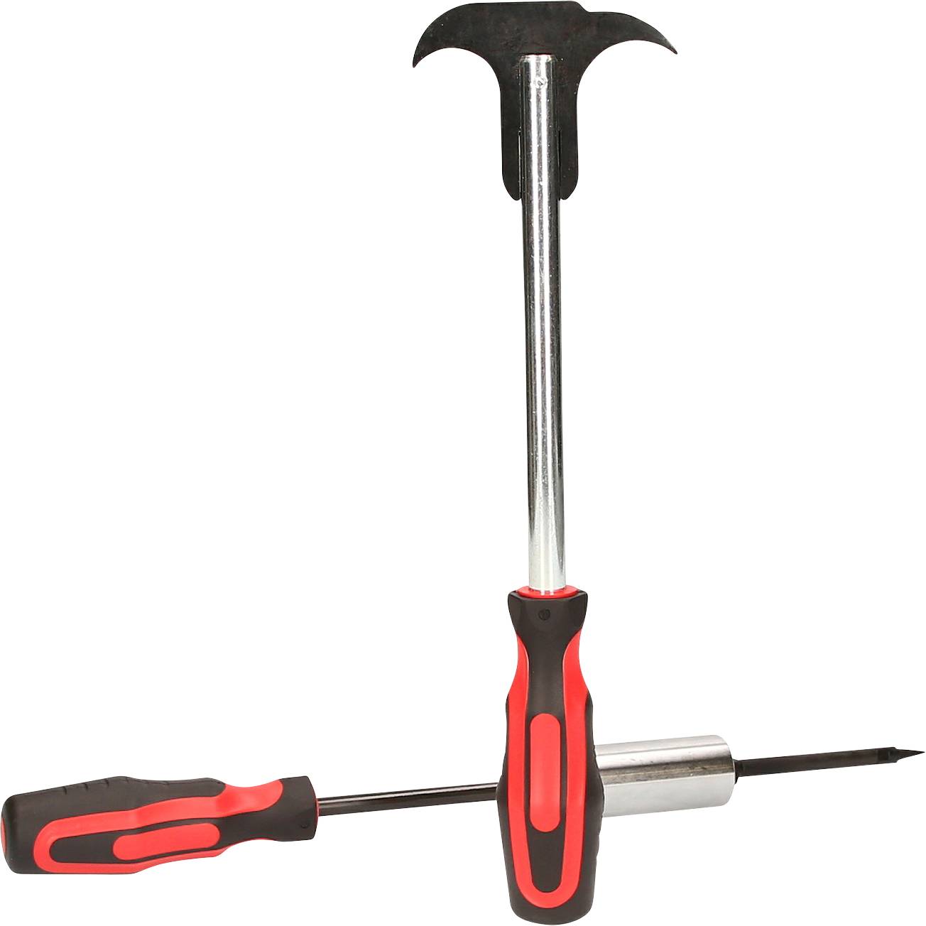 Un marteau double avec une poignée rouge et noire, composé d'une tête de marteau à une extrémité et d'une pioche à l'autre.